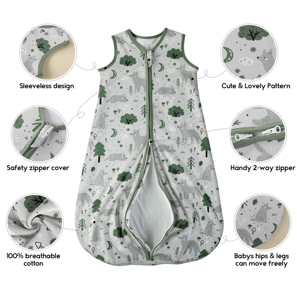 Yoofoss sleep sack with roomy hips supports natural leg movement.
