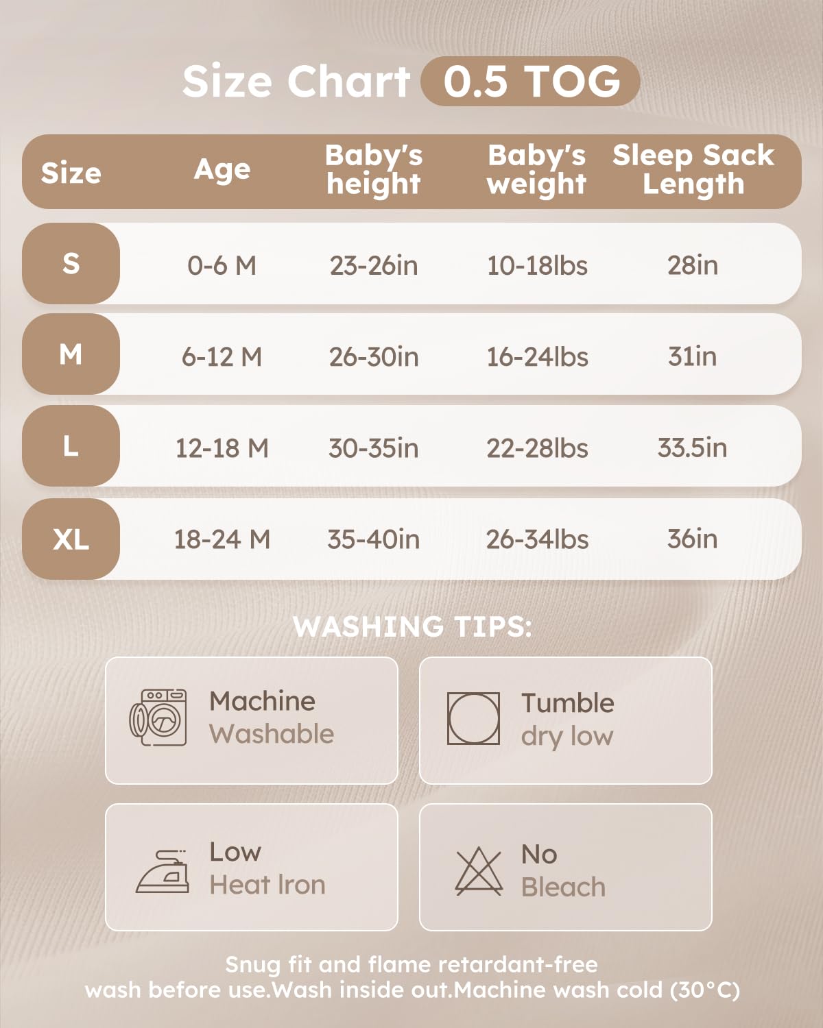 Yoofoss sleep sack available in S to XL for growing babies.