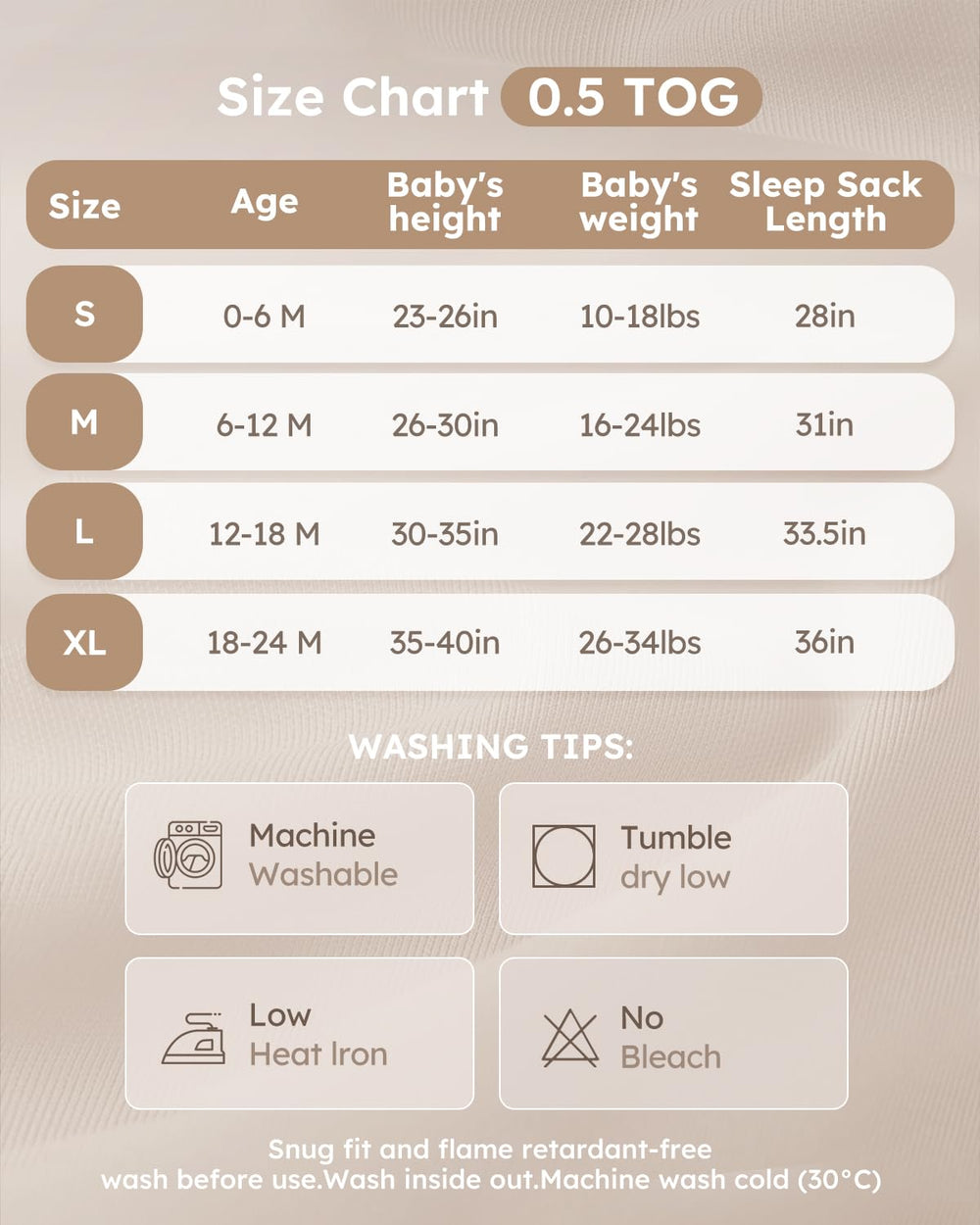 Yoofoss sleep sack available in S to XL for growing babies.
