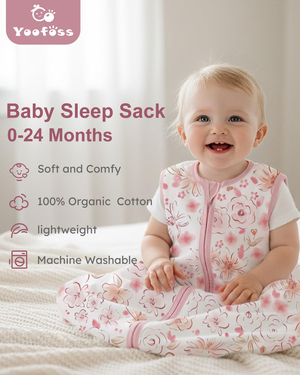 Dual-zipper Yoofoss Sleep Sack enables easy midnight diaper changes.