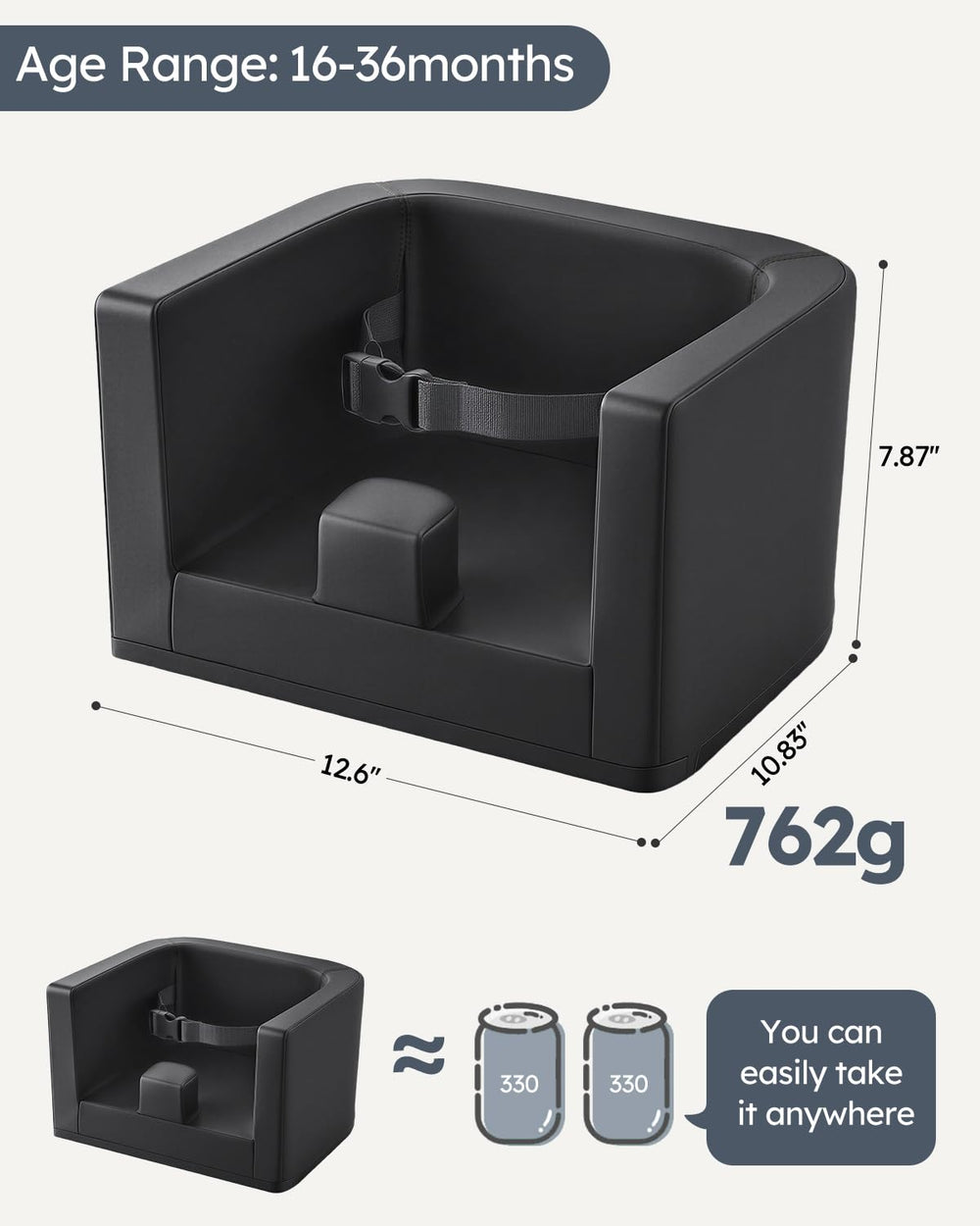 High-density foam and secure straps support toddler comfort during dining.