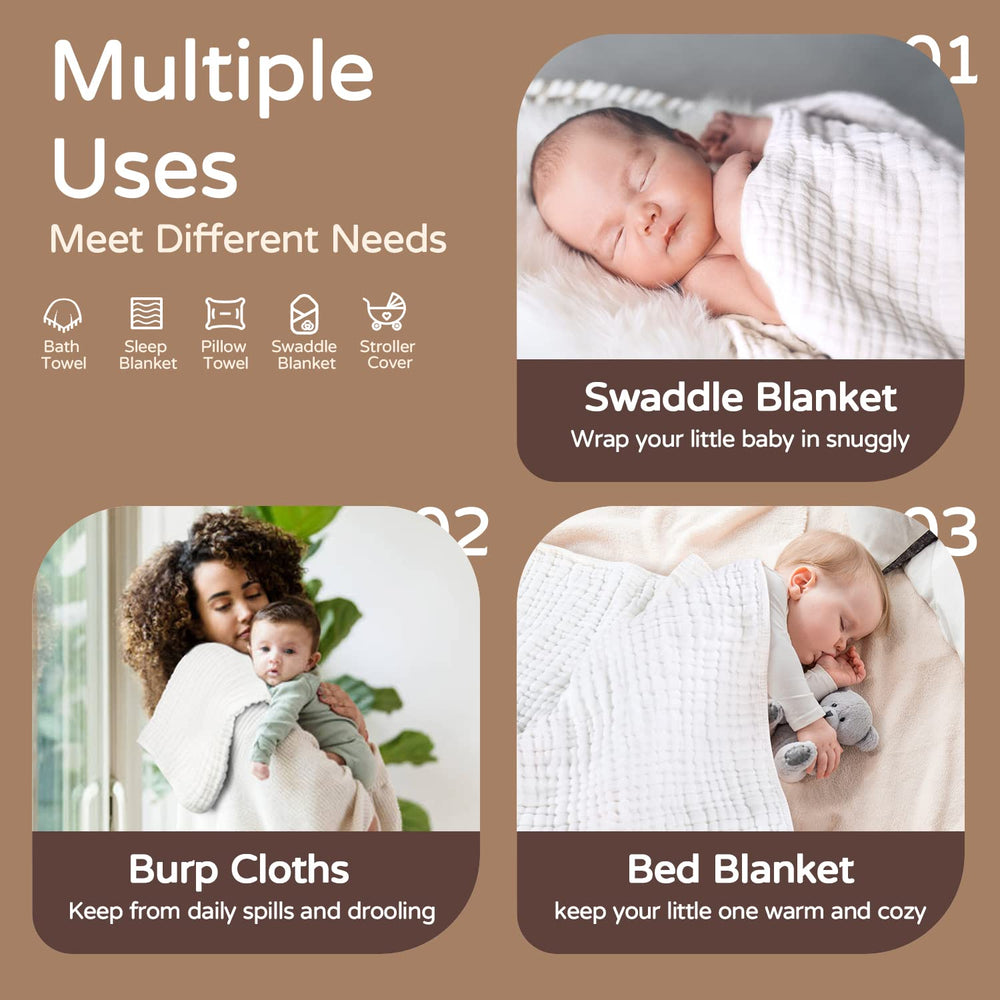 Yoofoss towel shown as swaddle wrap and cozy post-bath wrap.