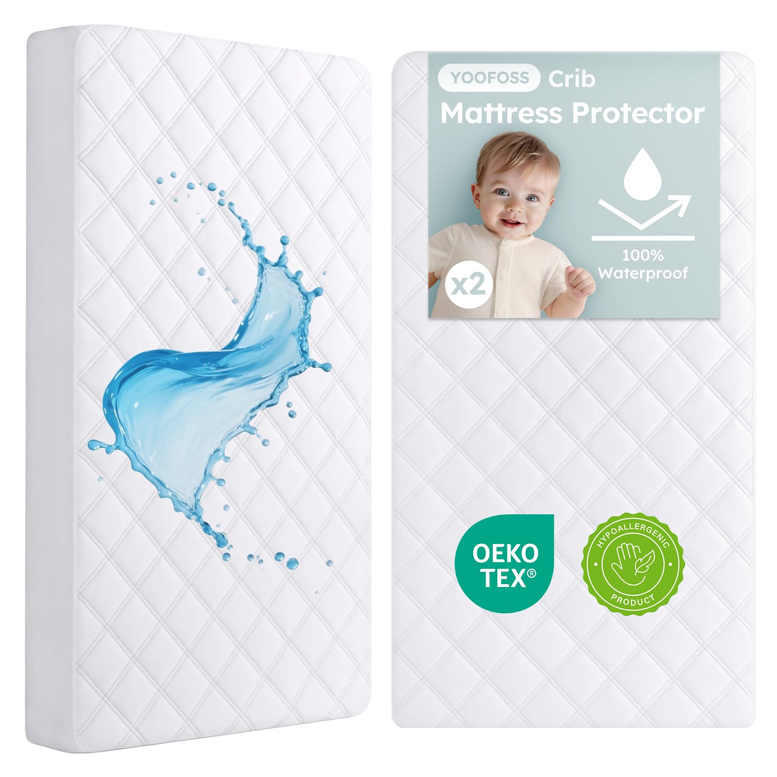 Yoofoss waterproof crib mattress protector two-pack on display showing full coverage
