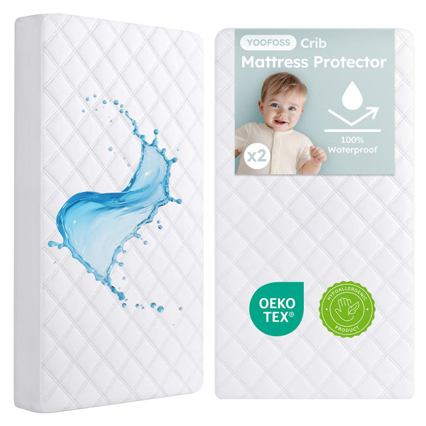 Yoofoss waterproof crib mattress protector two-pack on display showing full coverage