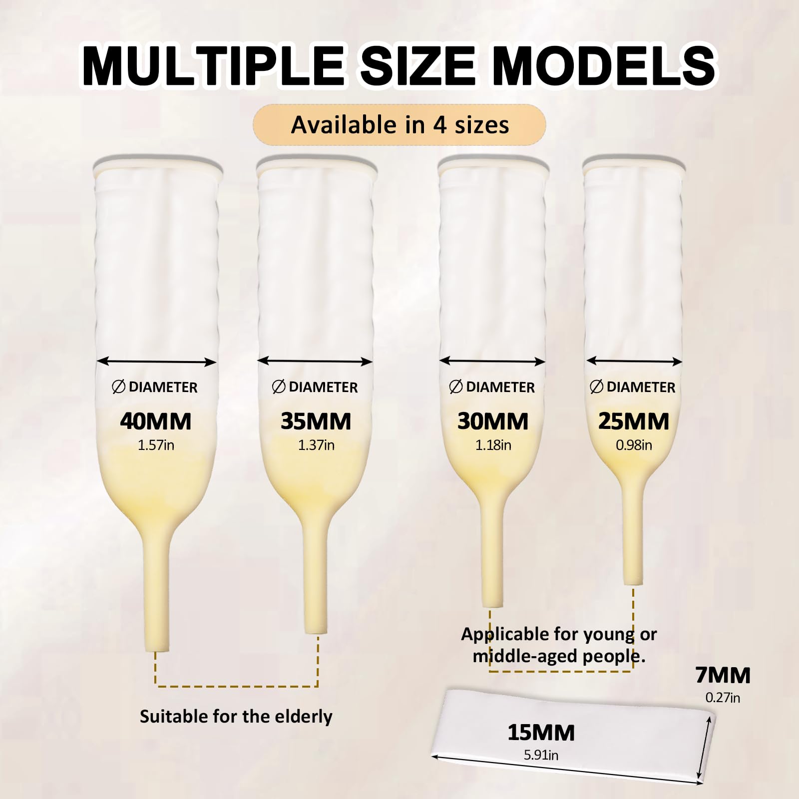 YOOGUSTO external urine collector showing four sizes for precise comfort and leak prevention.