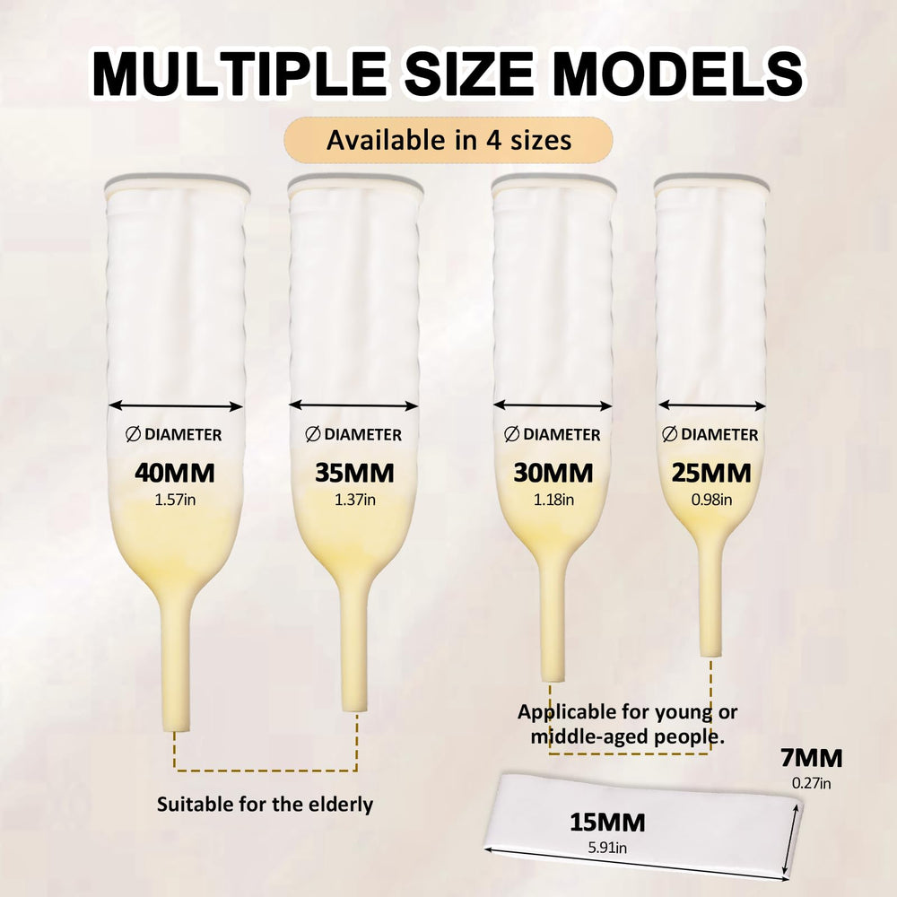 YOOGUSTO external urine collector showing four sizes for precise comfort and leak prevention.