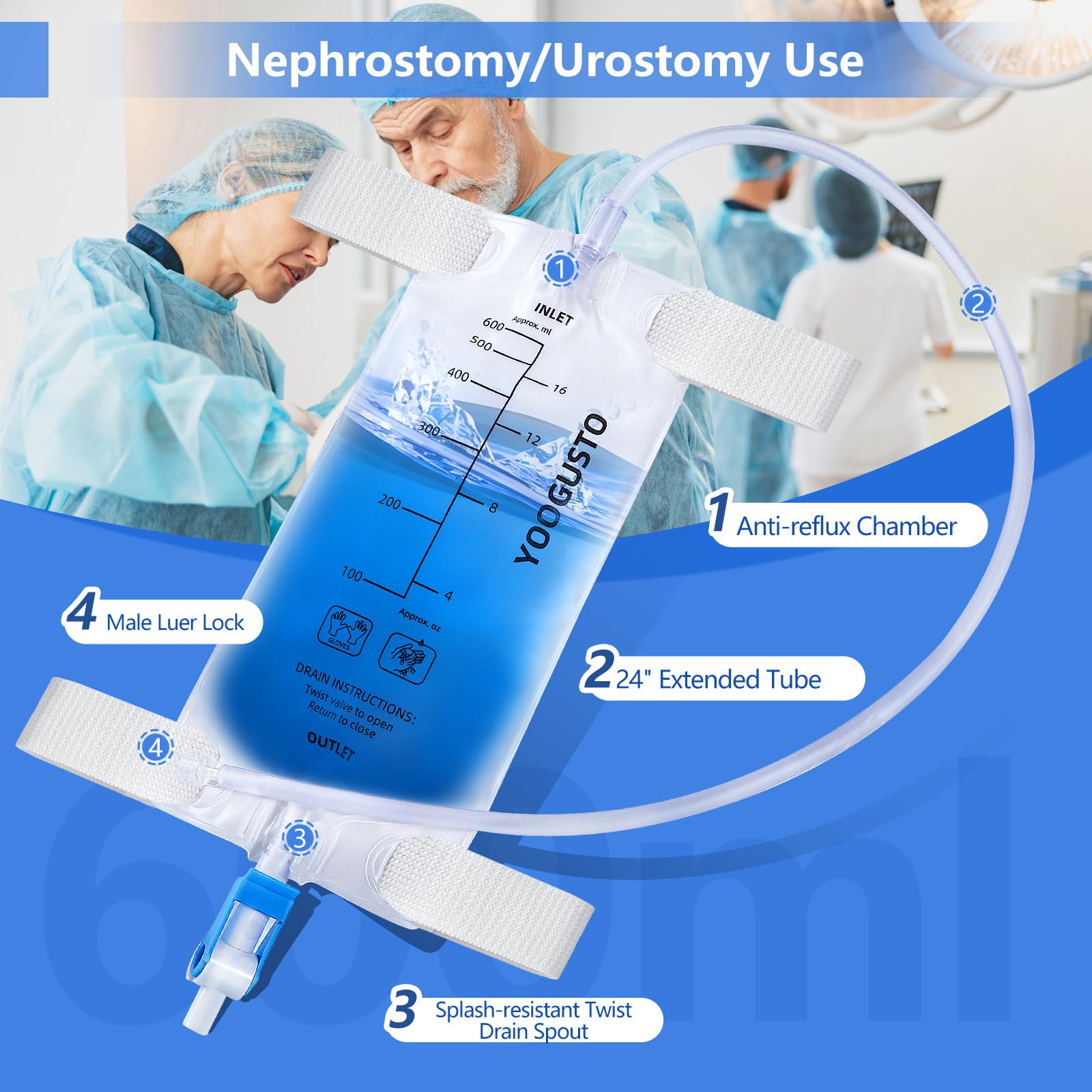 YOOGUSTO nephrostomy bag twist valve enables mess-free draining and better control.