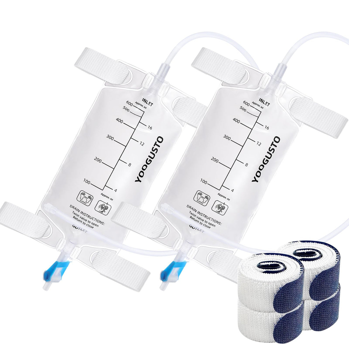YOOGUSTO 600ml urine drainage bag front view with clear measurement marks for easy monitoring
