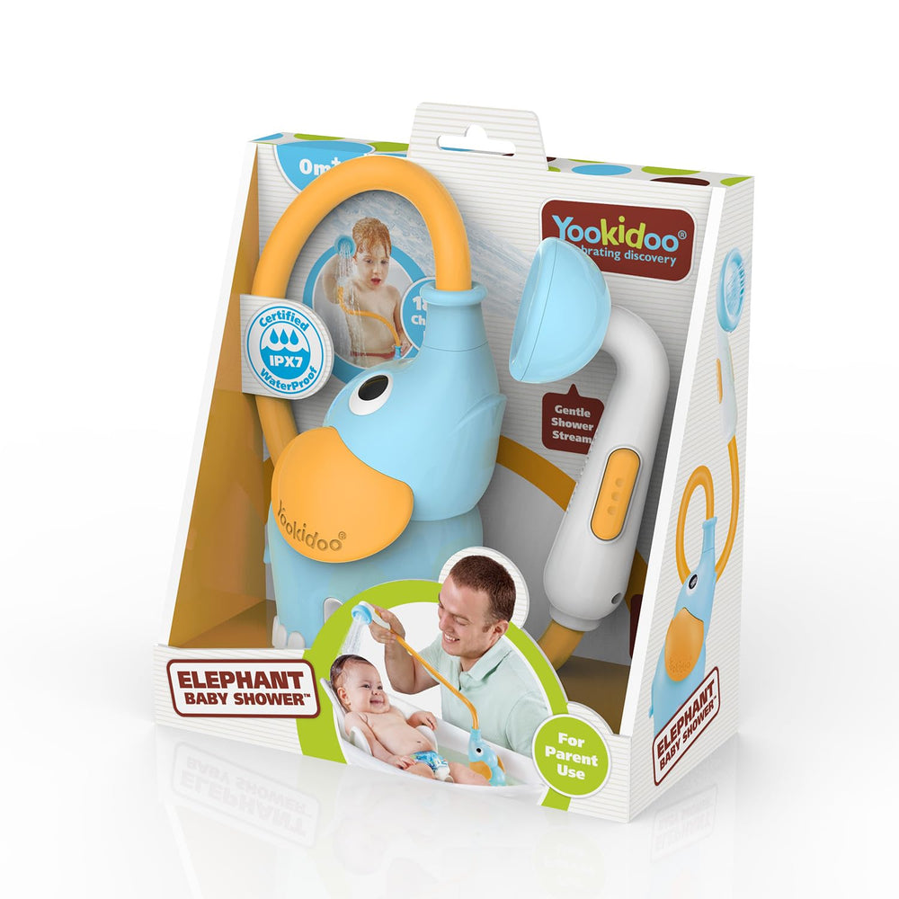 Yookidoo Elephant bath accessory supports safe, soothing rinses during tub time.