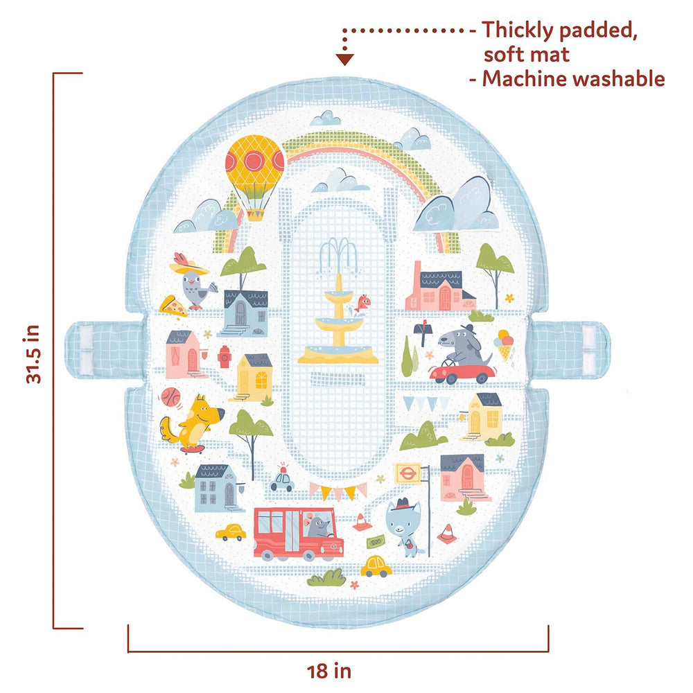 Yookidoo Urban donut tummy time mirror hangs near seating for visual focus