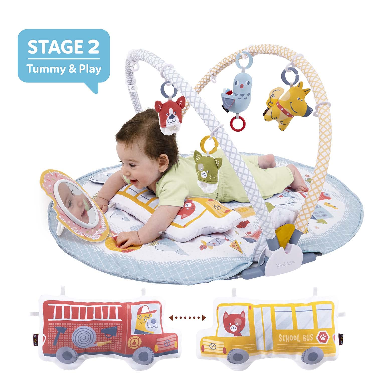 Yookidoo Urban tummy-time mat supports tummy time exploration on the rug