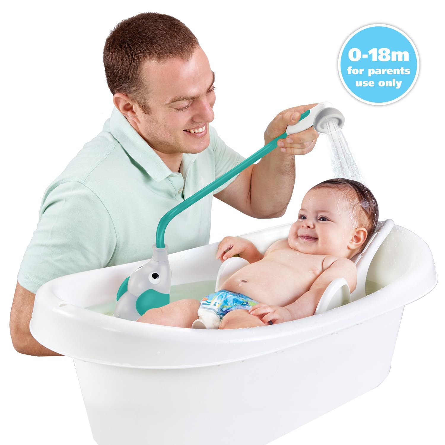 Yookidoo bath shower head front view highlights trunk sprayer design for easy rinsing.