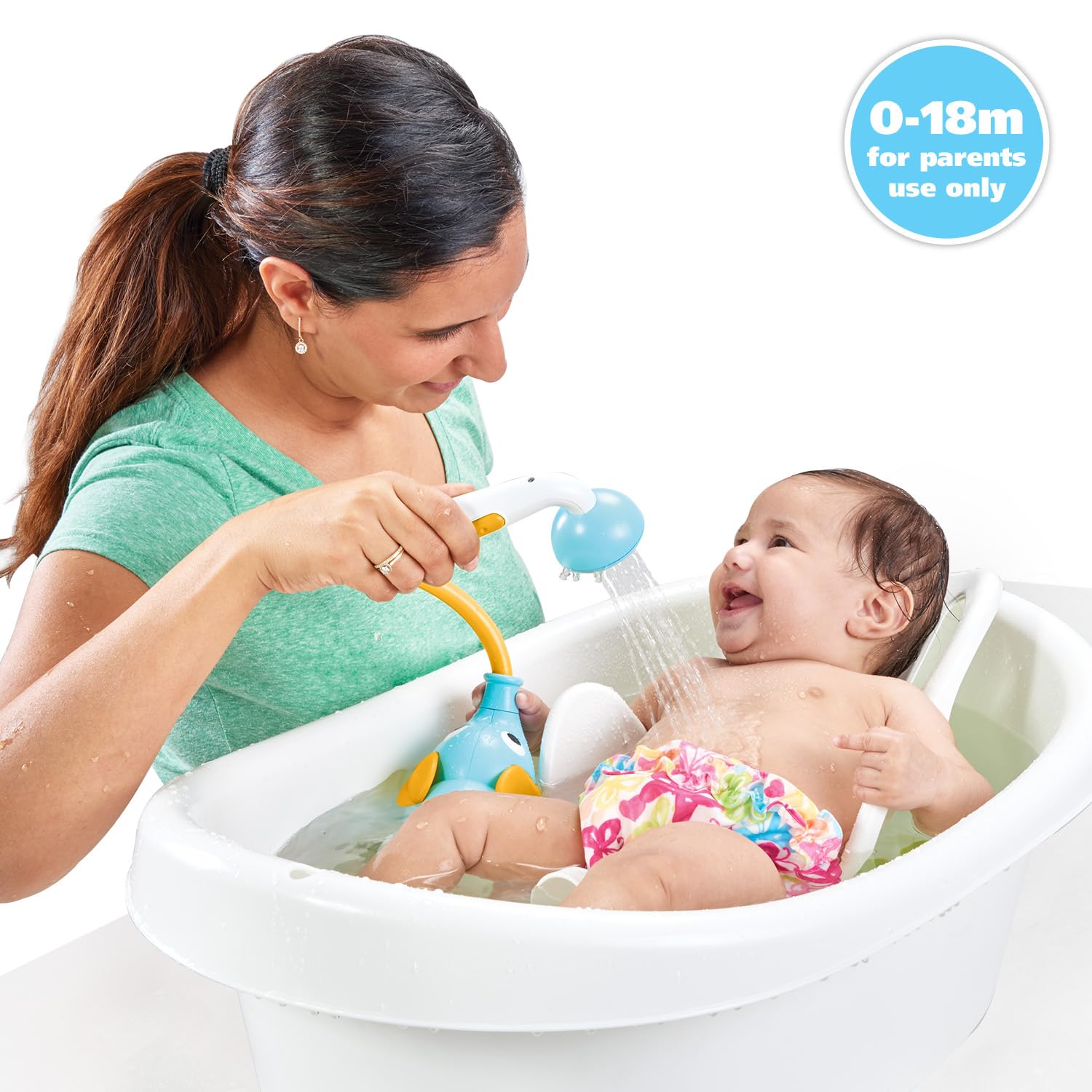 Yookidoo elephant bath rinser in use, easing newborn bath time.