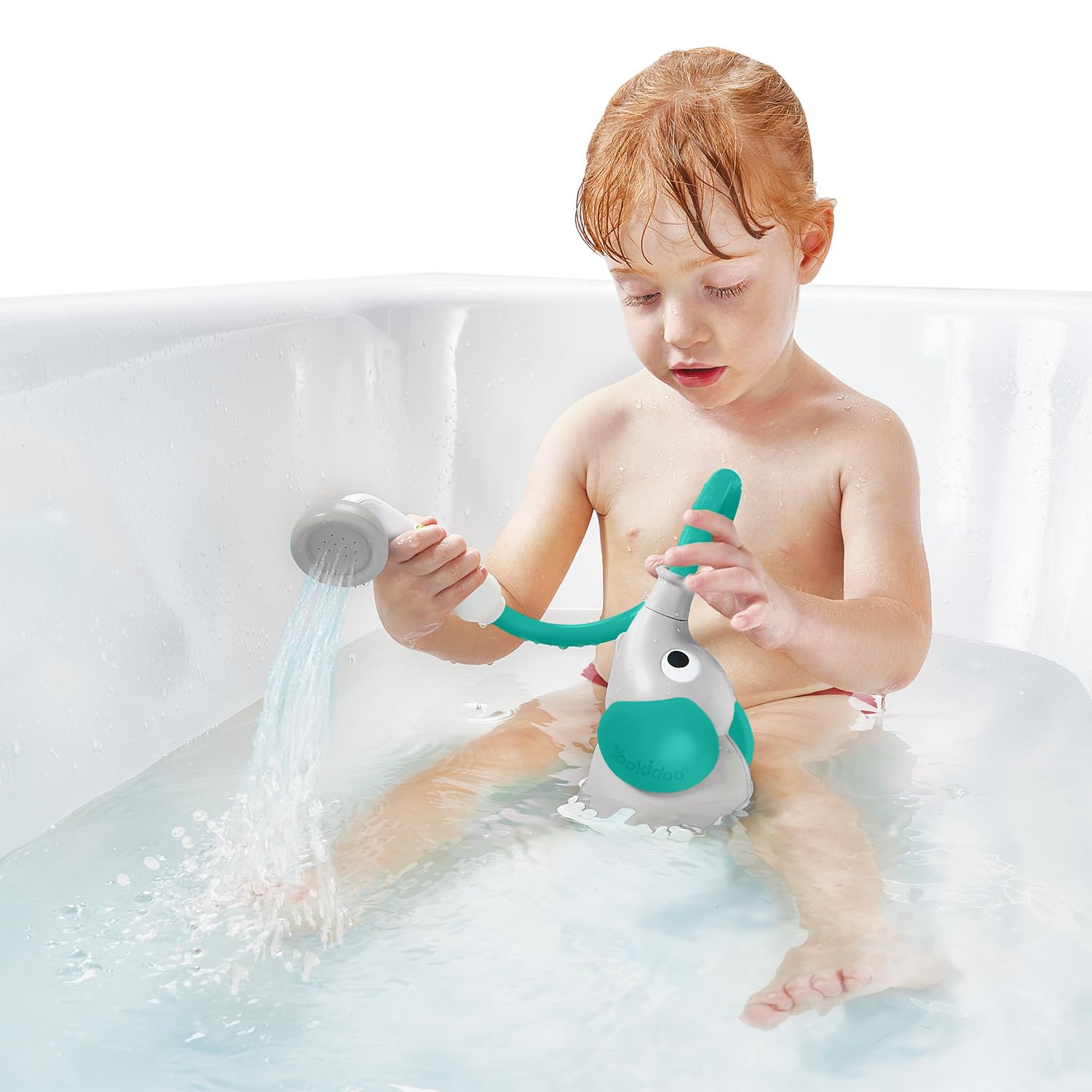 Yookidoo elephant hose close-up shows soft, kid-friendly grip during bathtime.