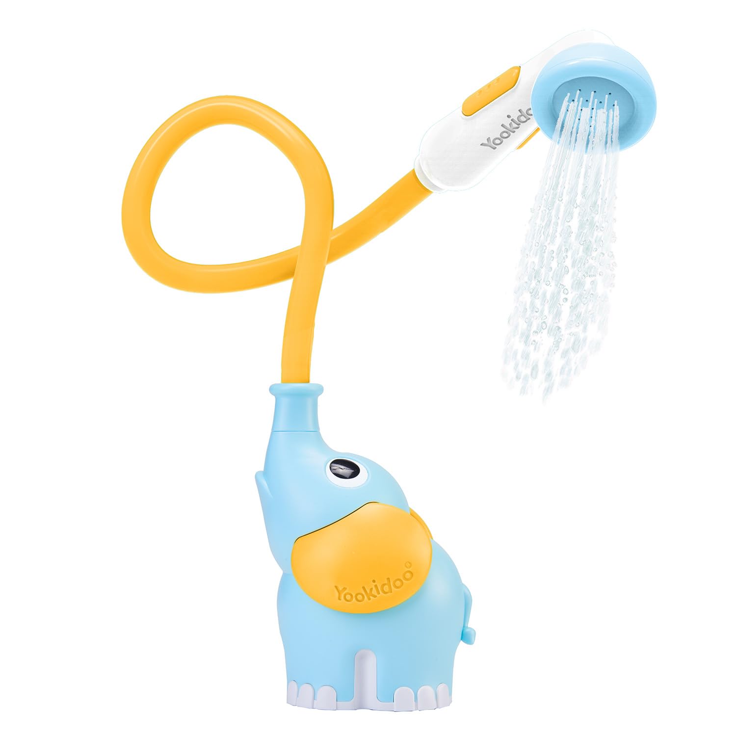 Yookidoo Elephant trunk sprayer setup for gentle, one-handed bath rinsing.