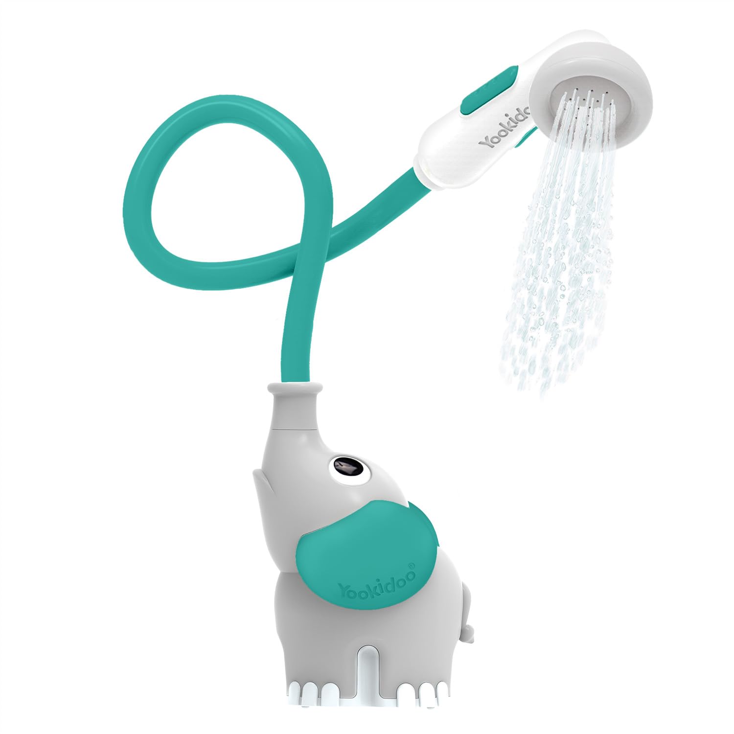 Yookidoo elephant water pump with trunk sprayer for gentle newborn bath time.