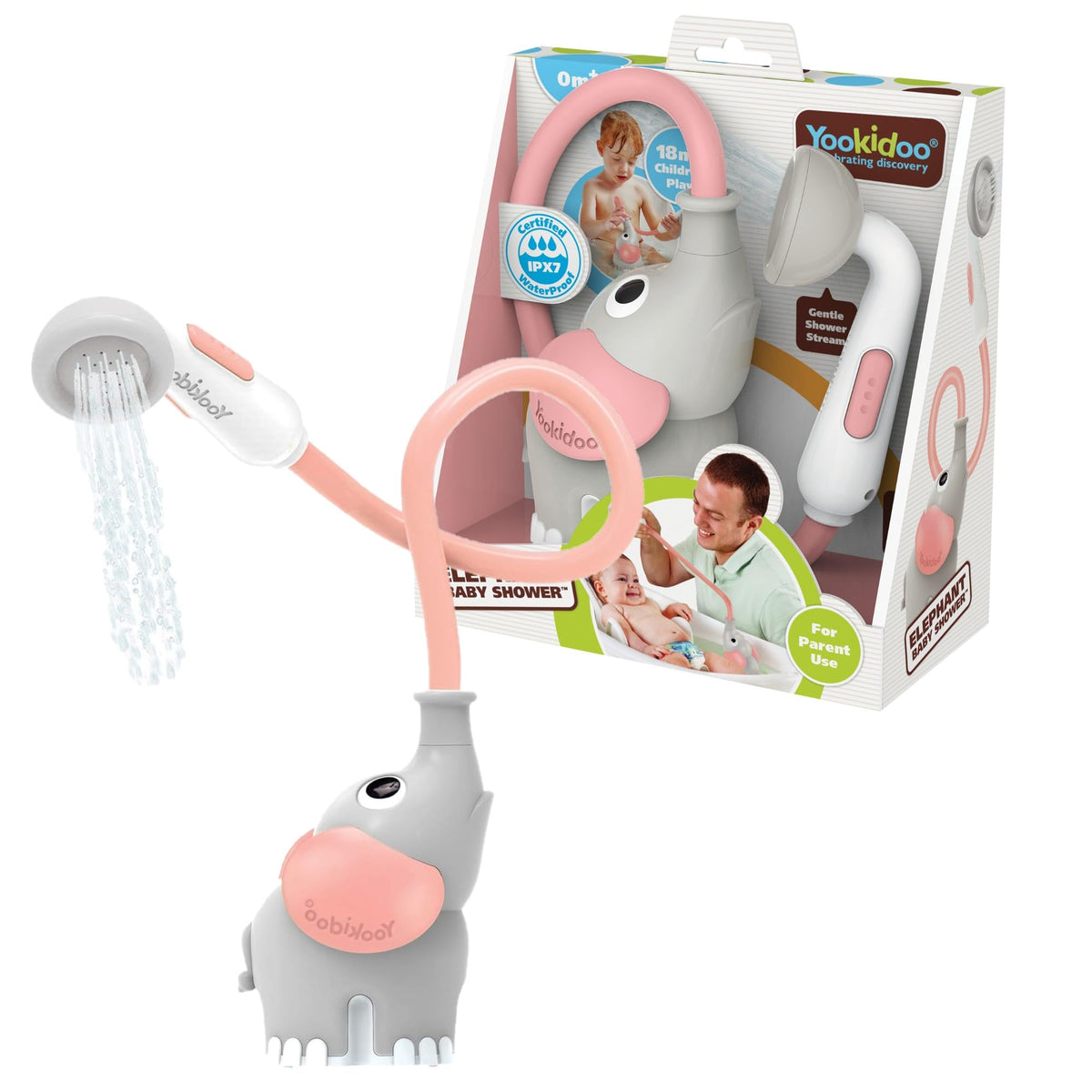 Yookidoo Pink Elephant bath shower head demonstrates compact design for easy baby washing.