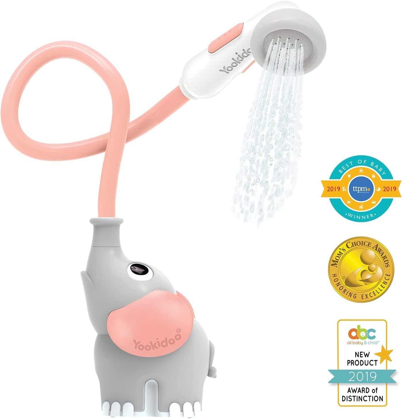 Yookidoo Pink Elephant battery-operated unit offers convenient water flow control.