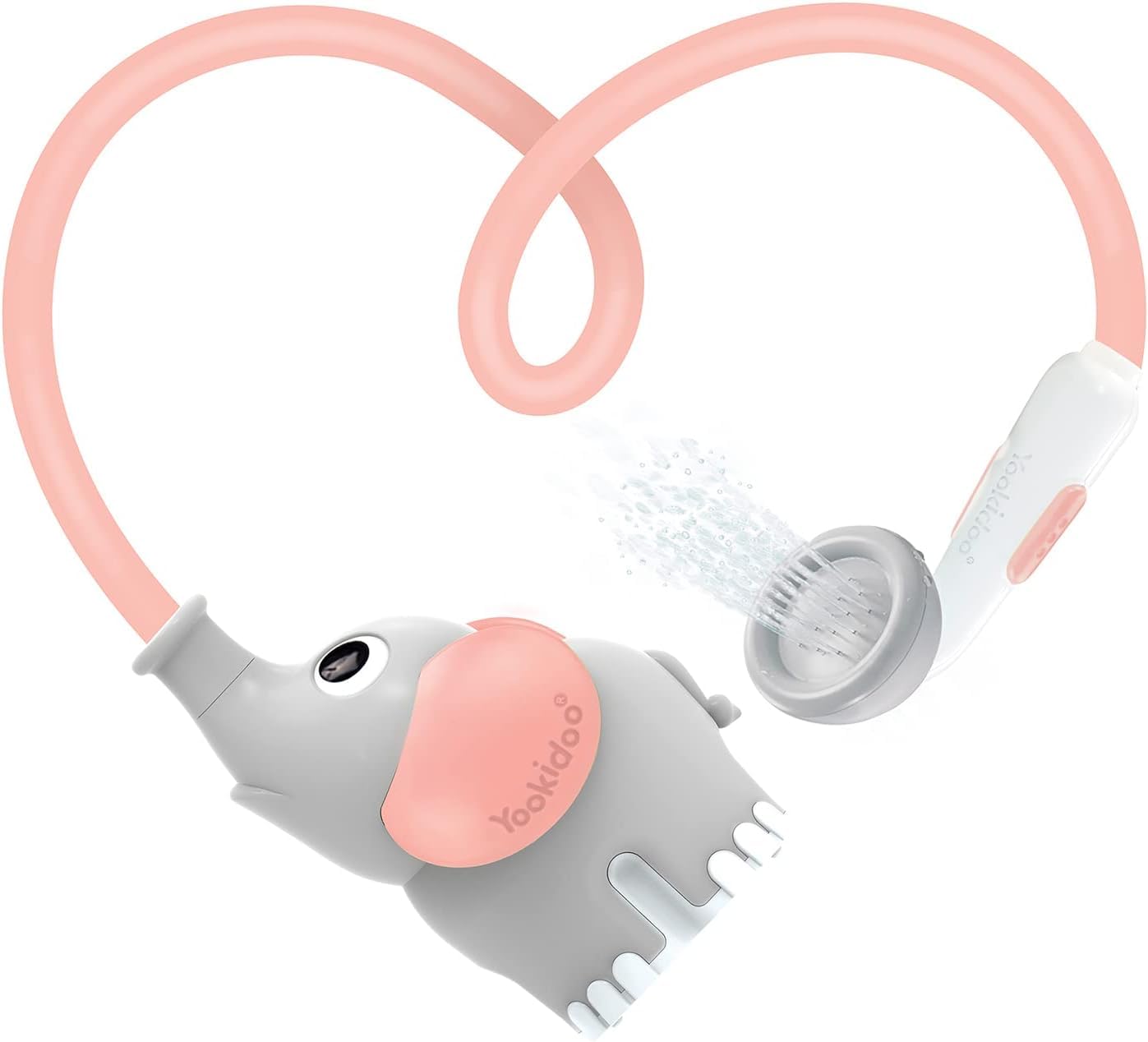 Yookidoo Pink Elephant hose sprinkler action shows splash-free play and water flow control.