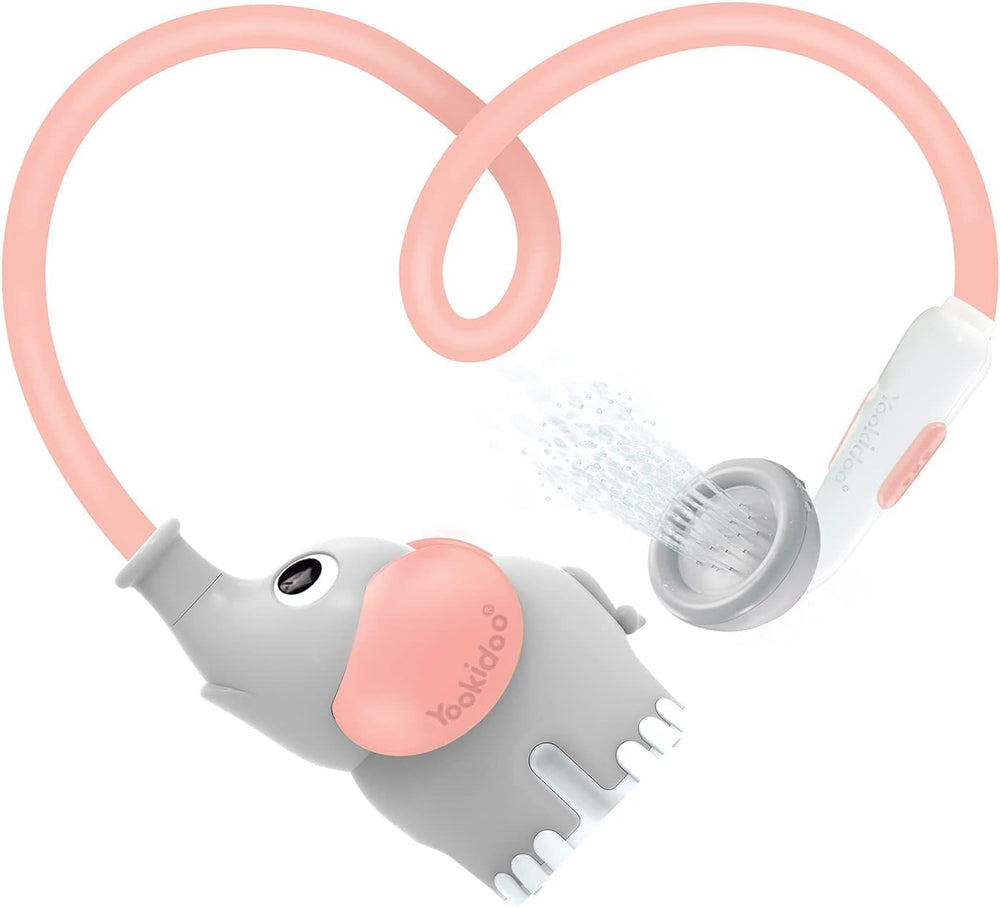 Yookidoo Pink Elephant hose sprinkler action shows splash-free play and water flow control.
