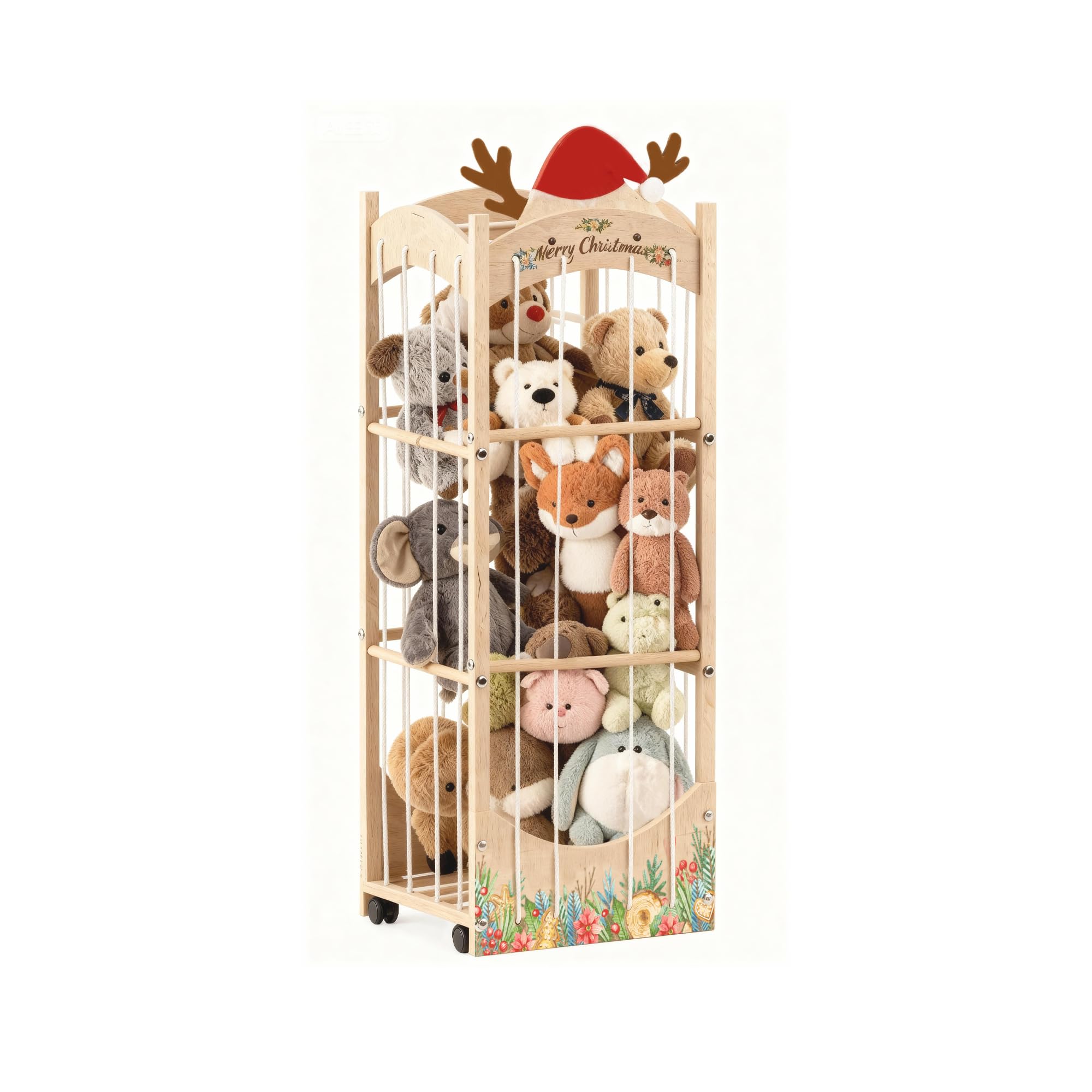 Yoopin stuffed animal storage with a festive reindeer hat for nursery decor and easy organization.