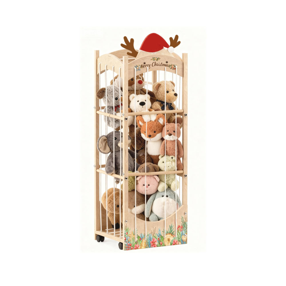 Yoopin stuffed animal storage with a festive reindeer hat for nursery decor and easy organization.