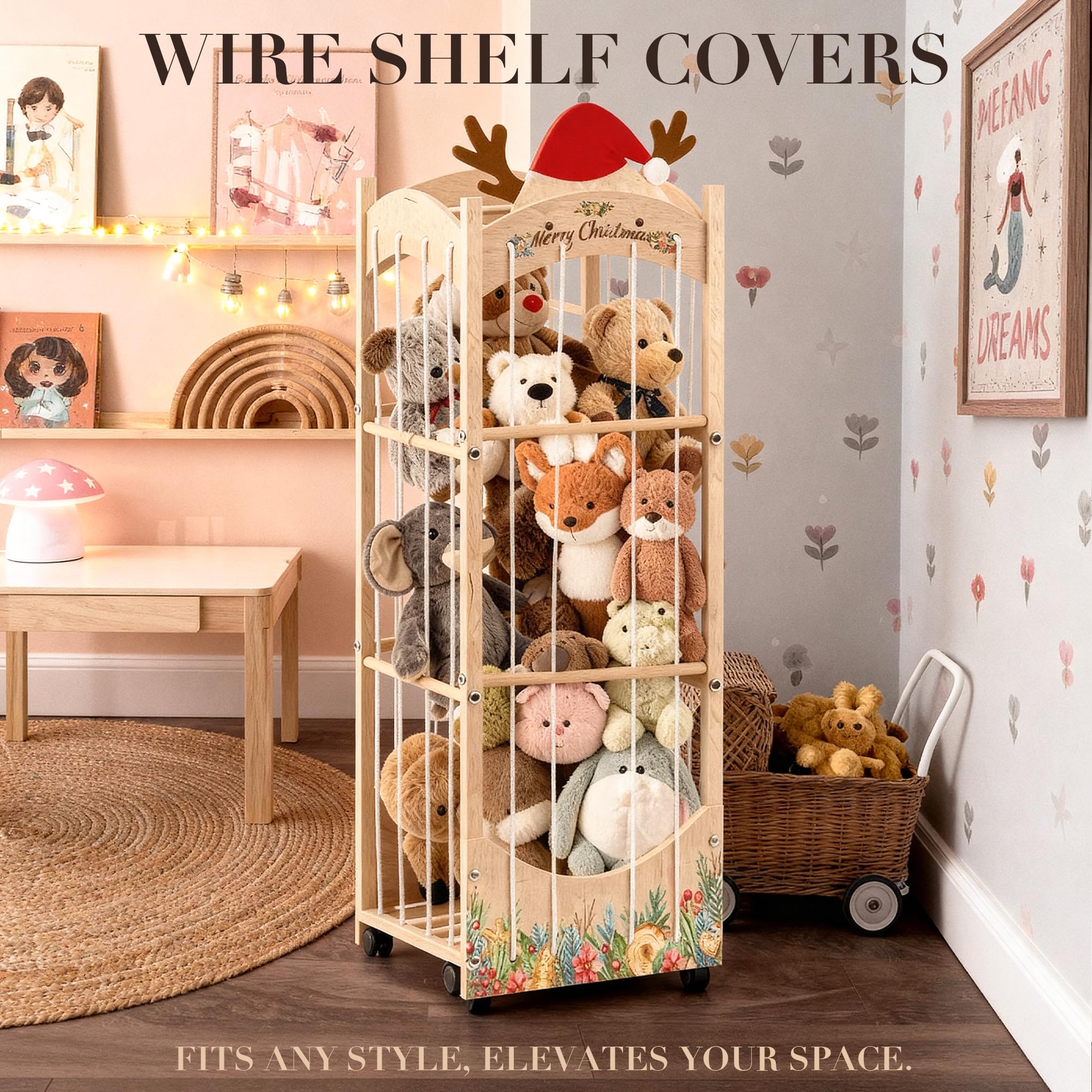 Yoopin wooden organizer with elastic cords secures plush toys for daily use.