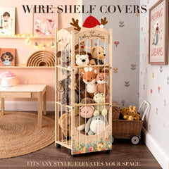 Yoopin wooden organizer with elastic cords secures plush toys for daily use.