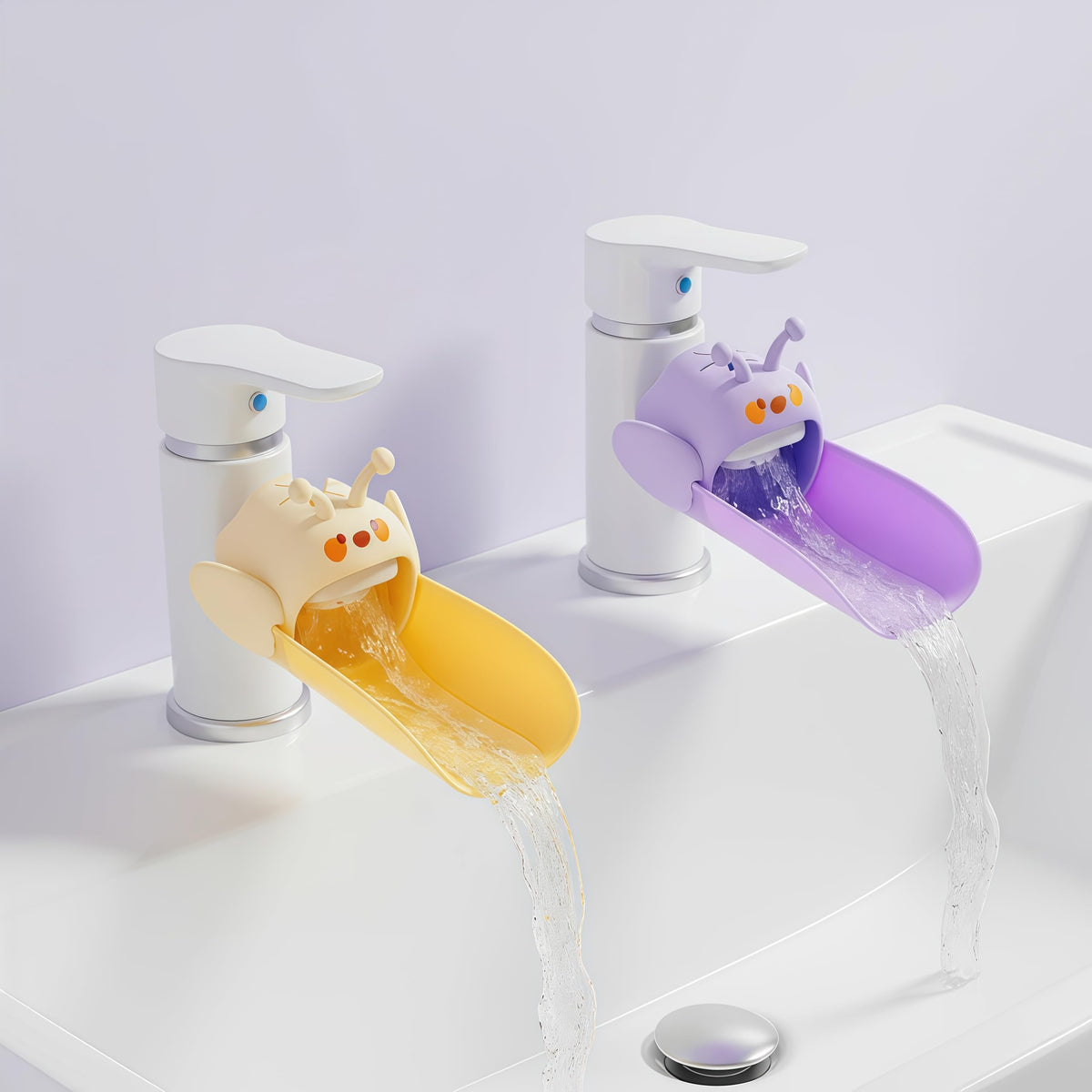 Yooreps toddler faucet extender in purple and yellow enabling independent hand washing.