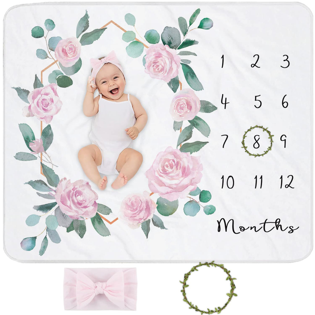 Yoothy baby monthly milestone blanket with pink headband for adorable month-by-month photos