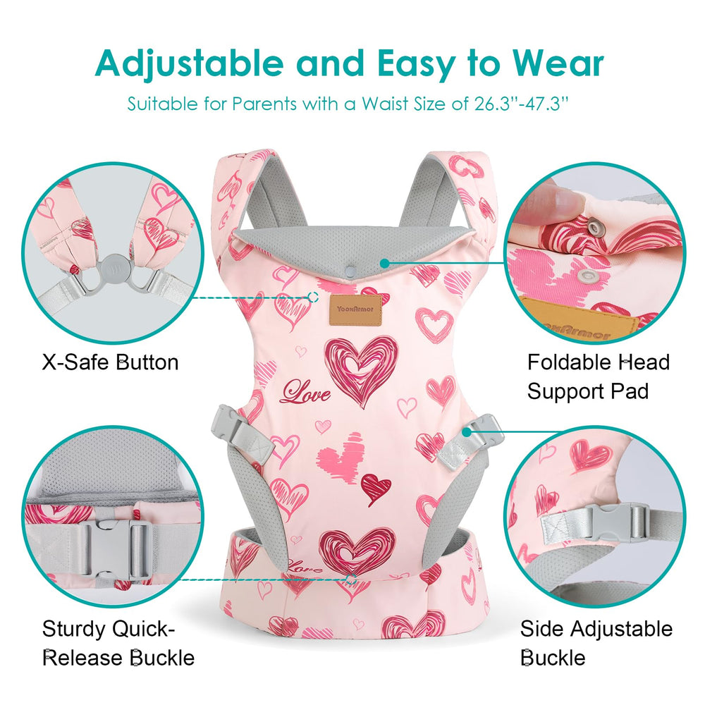 Baby seated in M-position with YooxArmor carrier for ergonomic hip support.