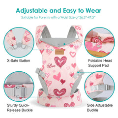 Baby seated in M-position with YooxArmor carrier for ergonomic hip support.