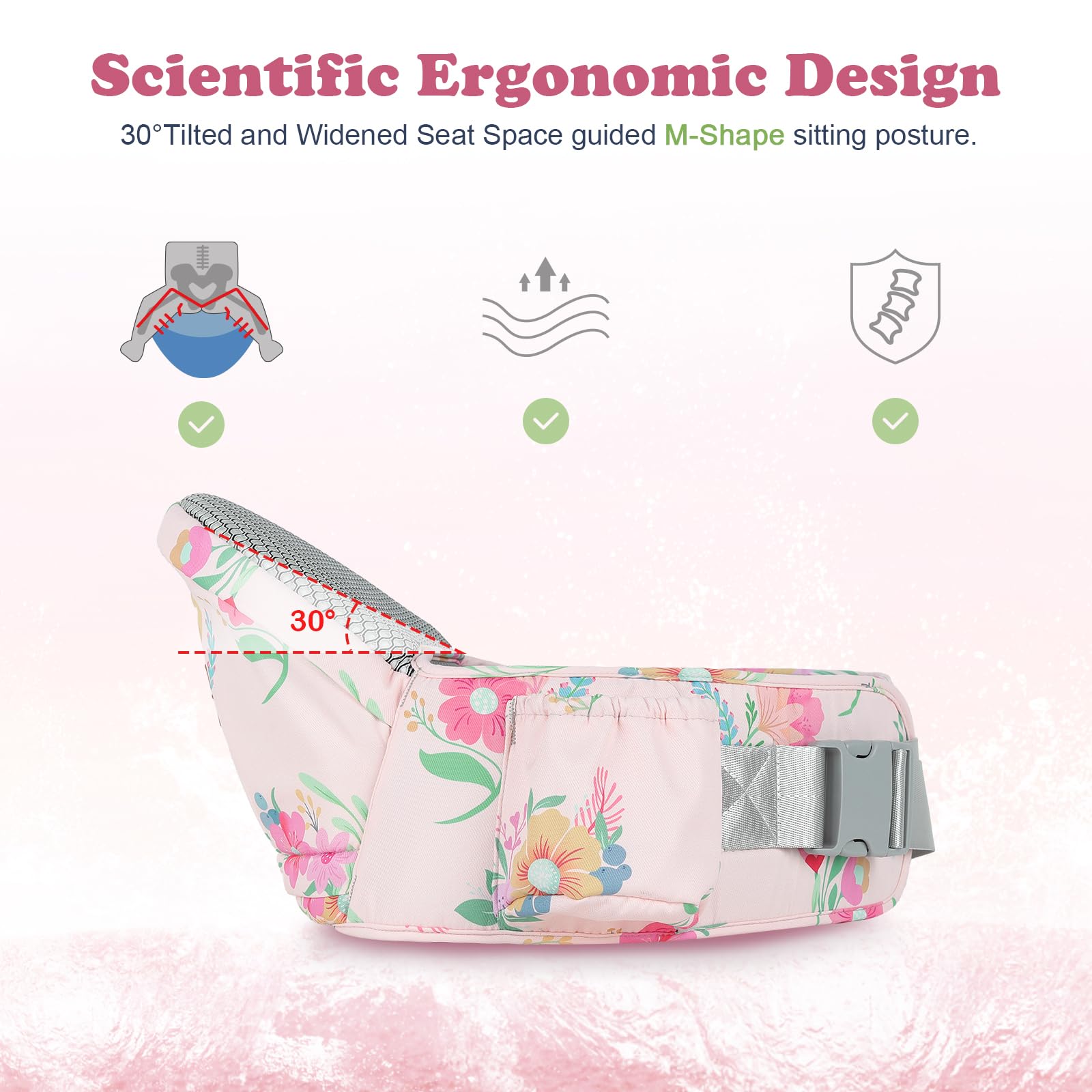 Hip seat with baby seated, showcasing ergonomic 30-degree angle