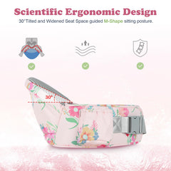 Hip seat with baby seated, showcasing ergonomic 30-degree angle
