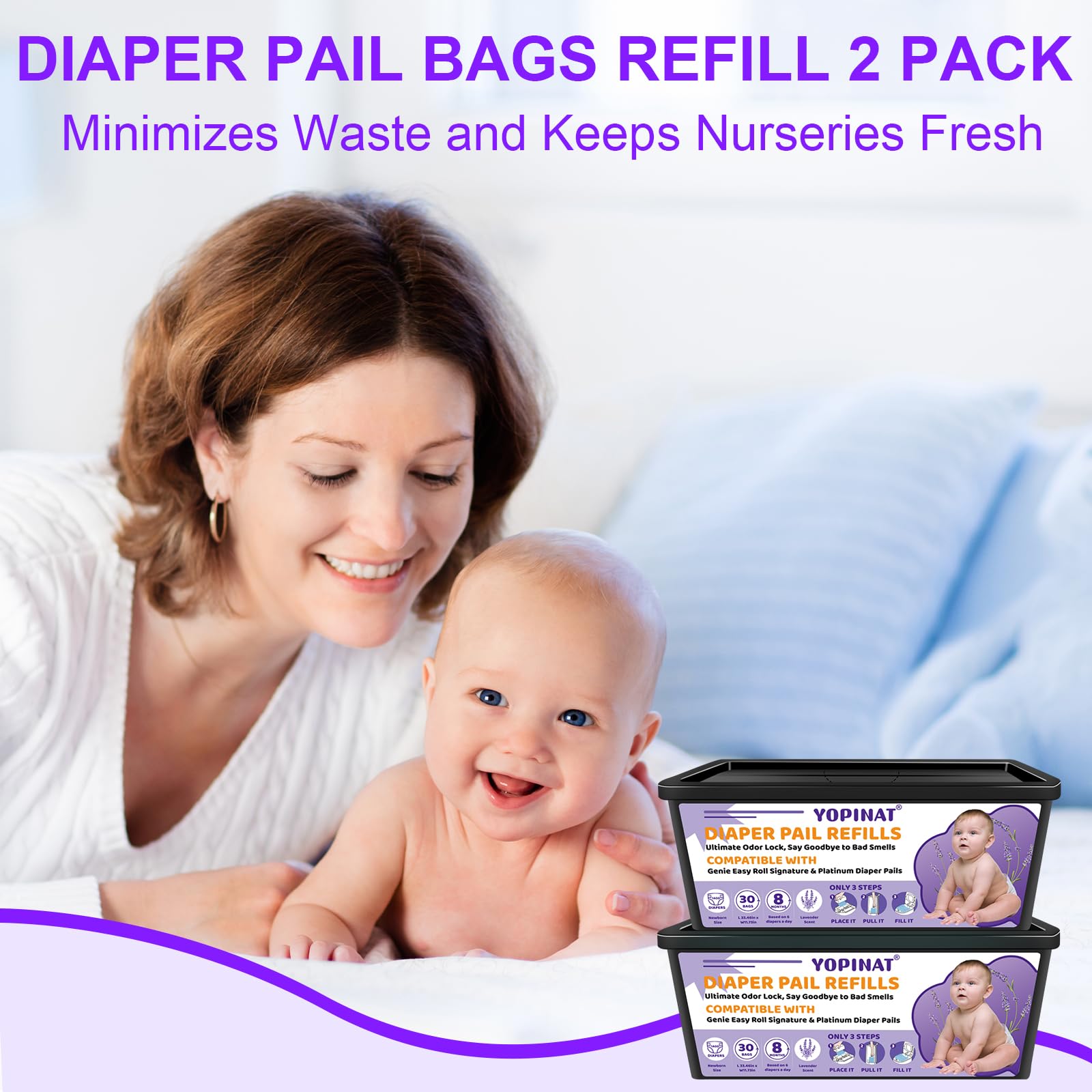 Yopinat two-pack refills ready for quick, clean installation in a diaper pail.