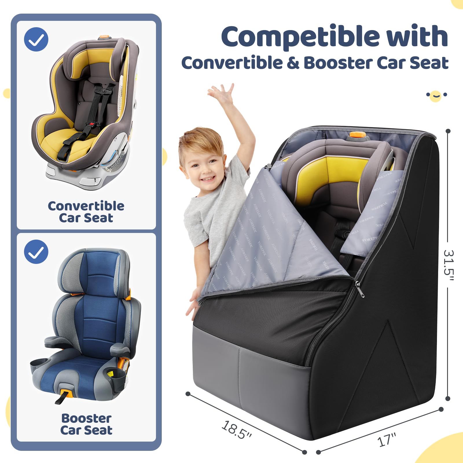 YOREPEK car seat travel bag with a top handle for easy gate-check travel.