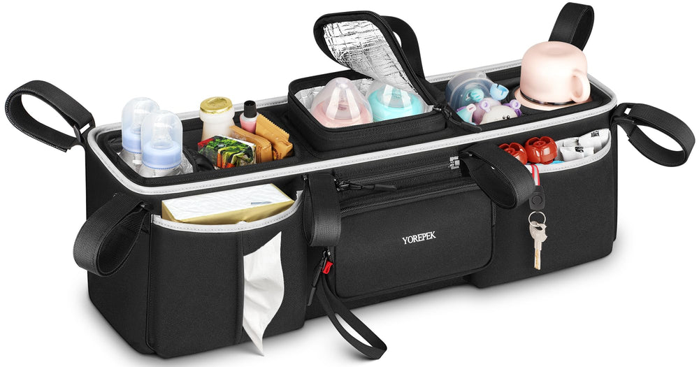 YOREPEK double stroller organizer attached to handlebar for quick access to essentials