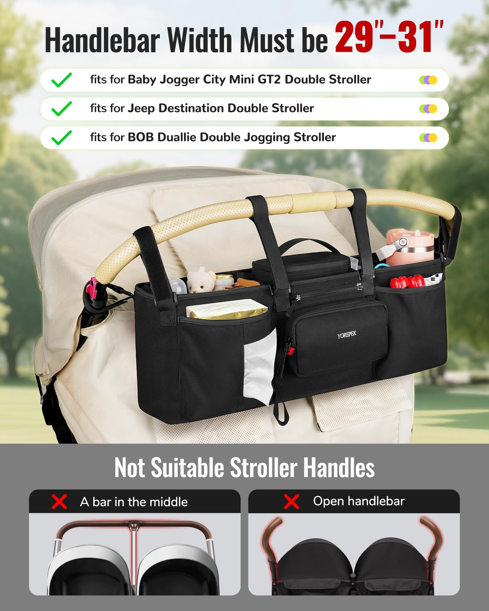 YOREPEK double stroller organizer side pockets detail for bottles and snacks