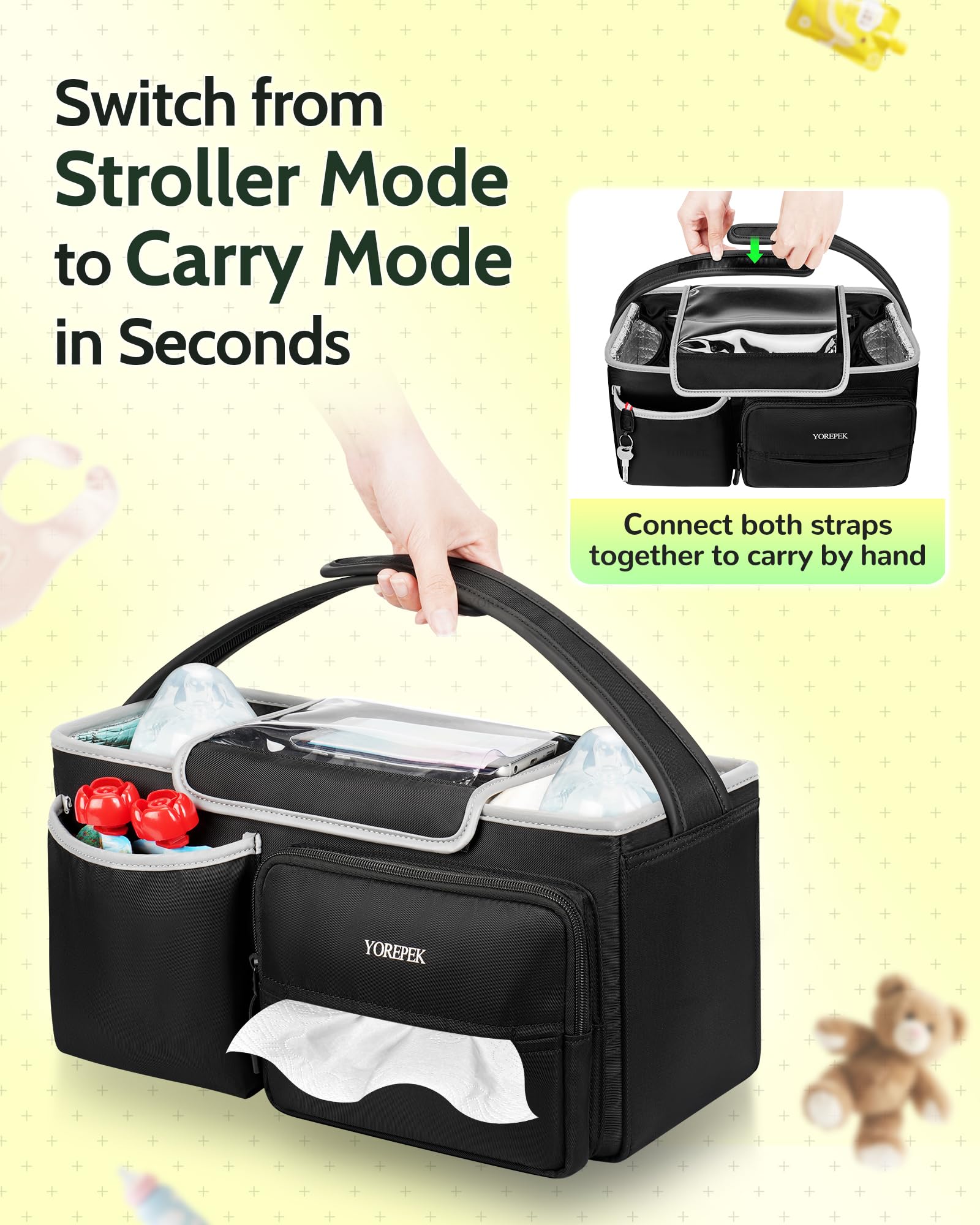 YOREPEK secure attachment to stroller handle with two straps