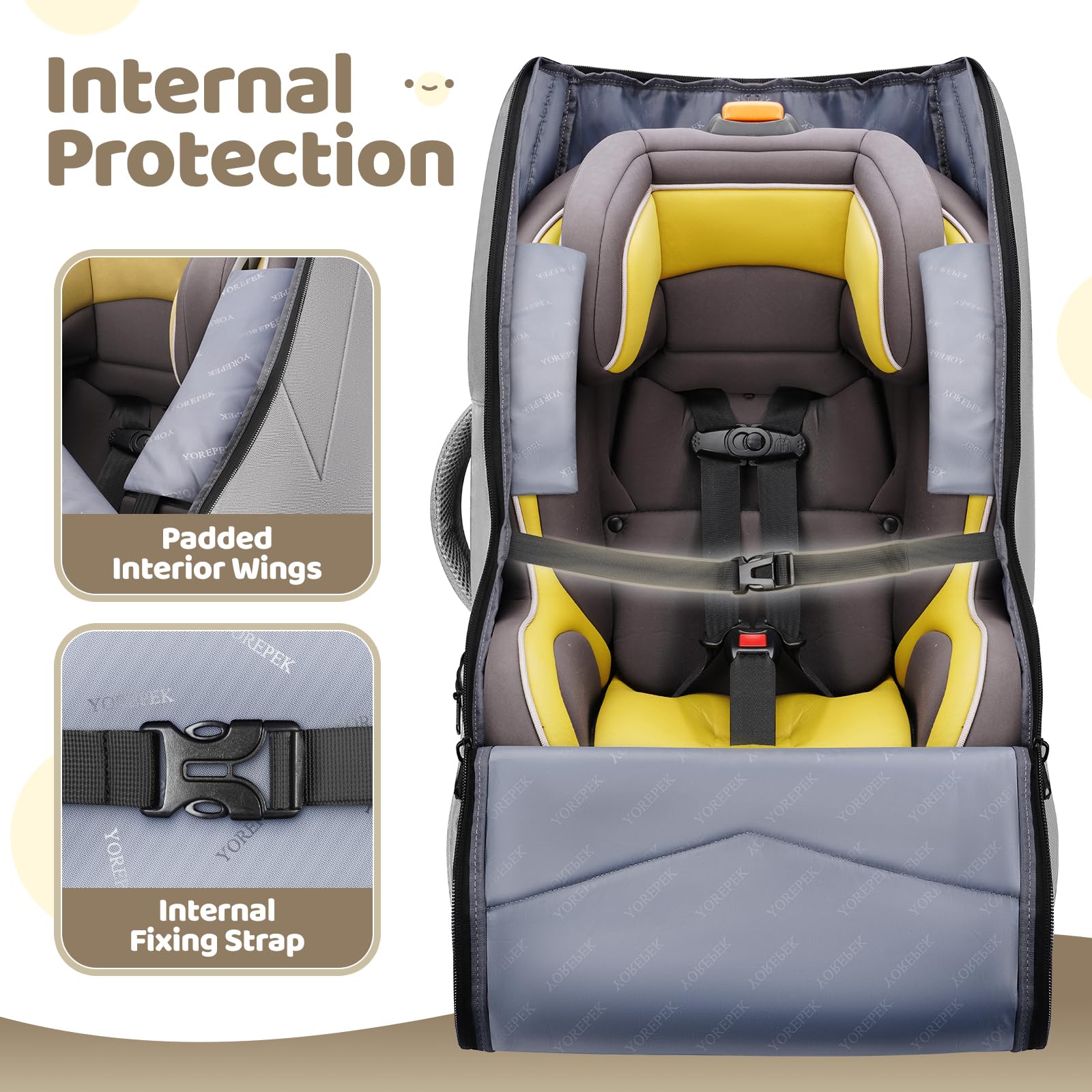 YOREPEK internal side wings and straps keep the seat secure during travel.