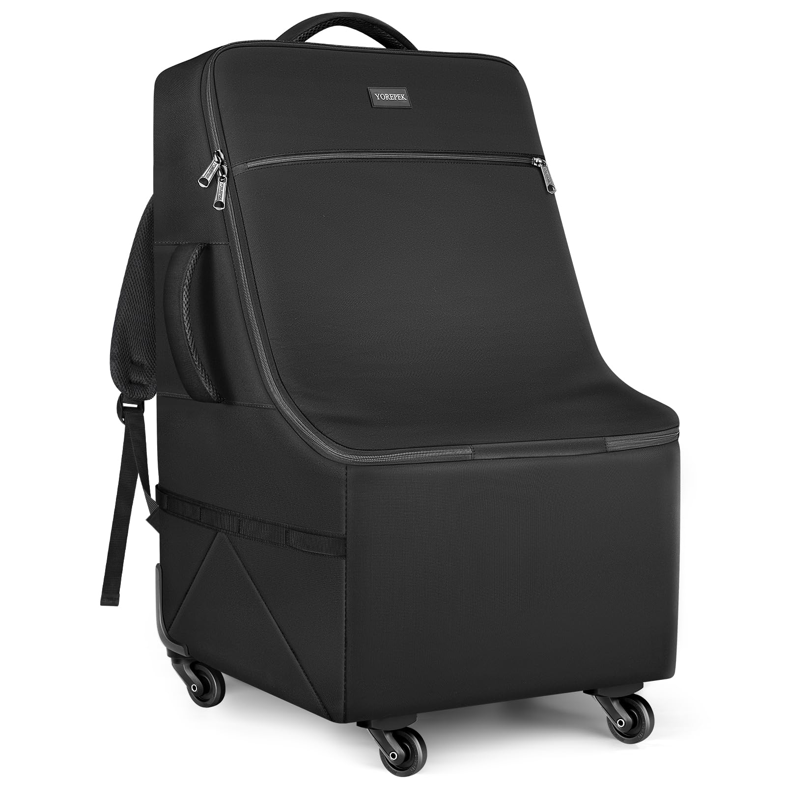 YOREPEK padded car-seat bag with bottom wheels for easy airport navigation.