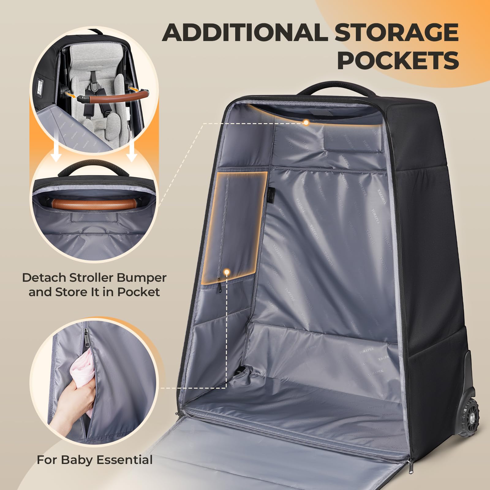 YOREPEK stroller bag bumper pocket stores small items securely.
