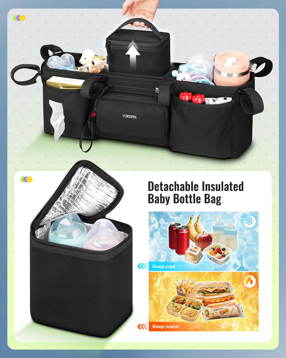 YOREPEK stroller organizer with six fixed straps in use for stability
