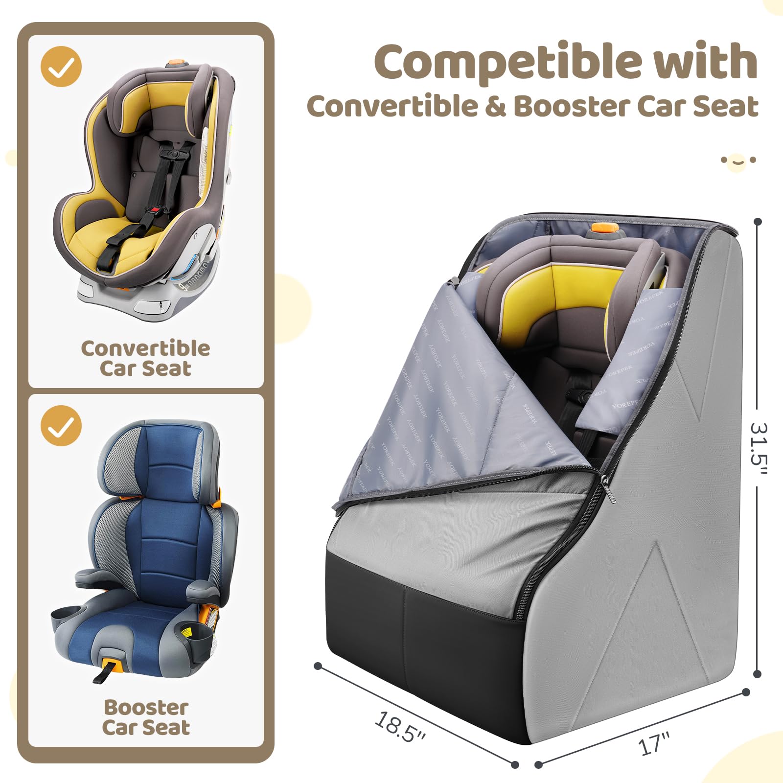 YOREPEK car seat bag backpack with padded straps for hands-free travel.