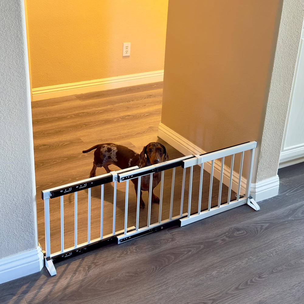 YORWHIN retractable rail gate adjusted to fit irregular doorways.