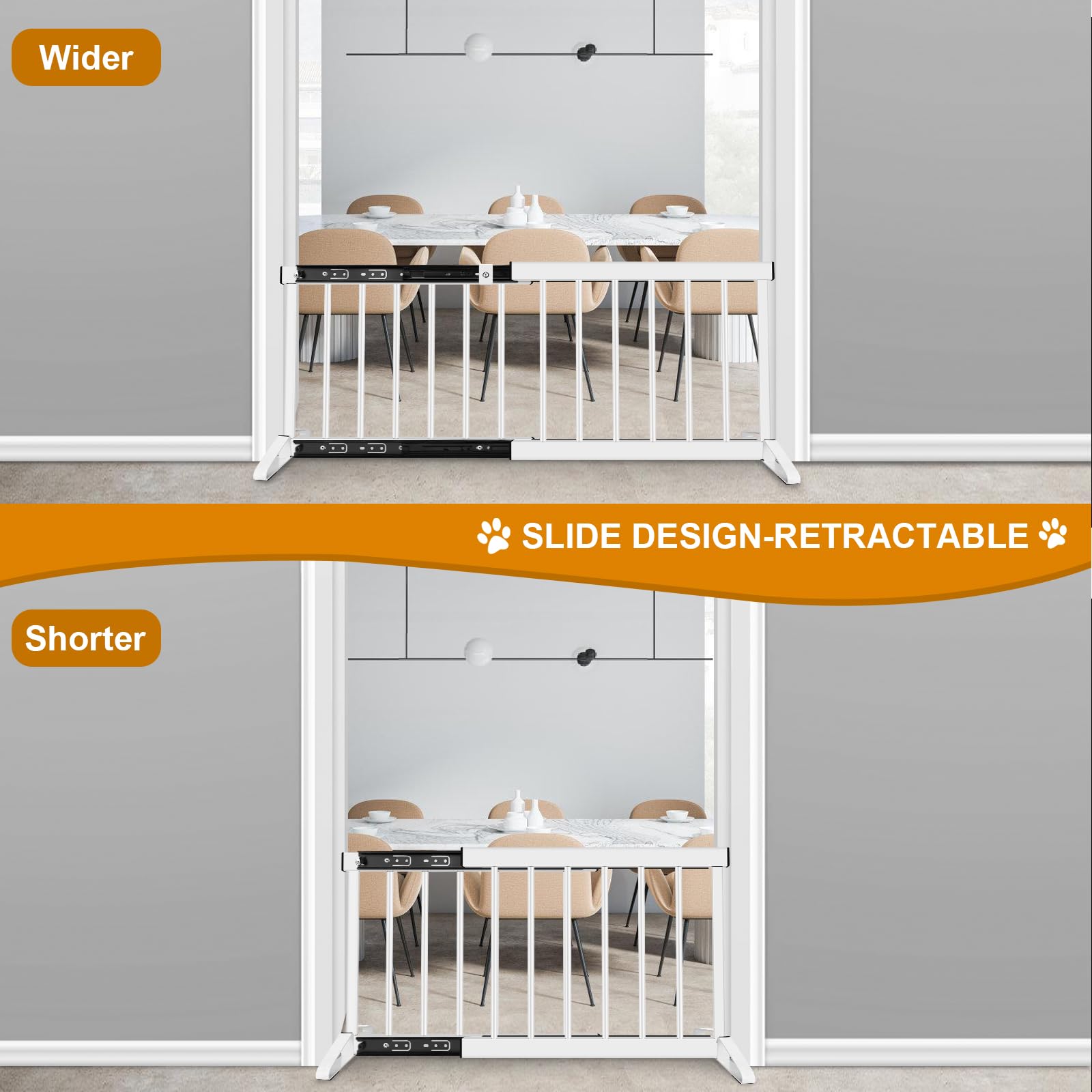 YORWHIN retractable rail system gate demonstrates adjustable width for uneven spaces