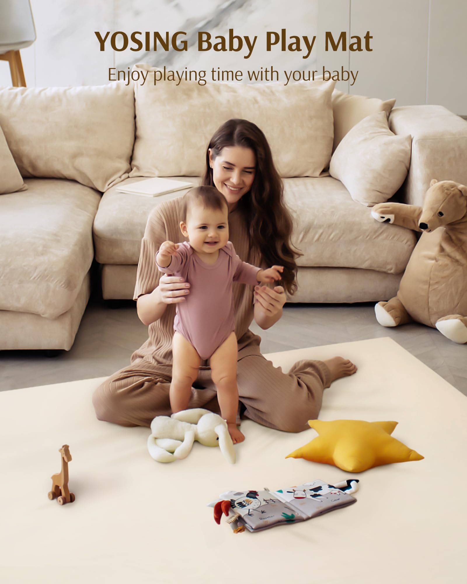 YOSING beige play mat blends with nursery decor and spaces