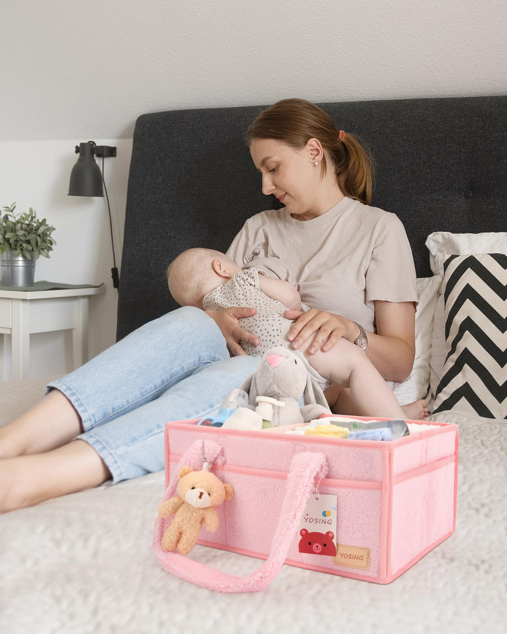 YOSING Diaper Caddy with teddy bear toy included for baby distraction.