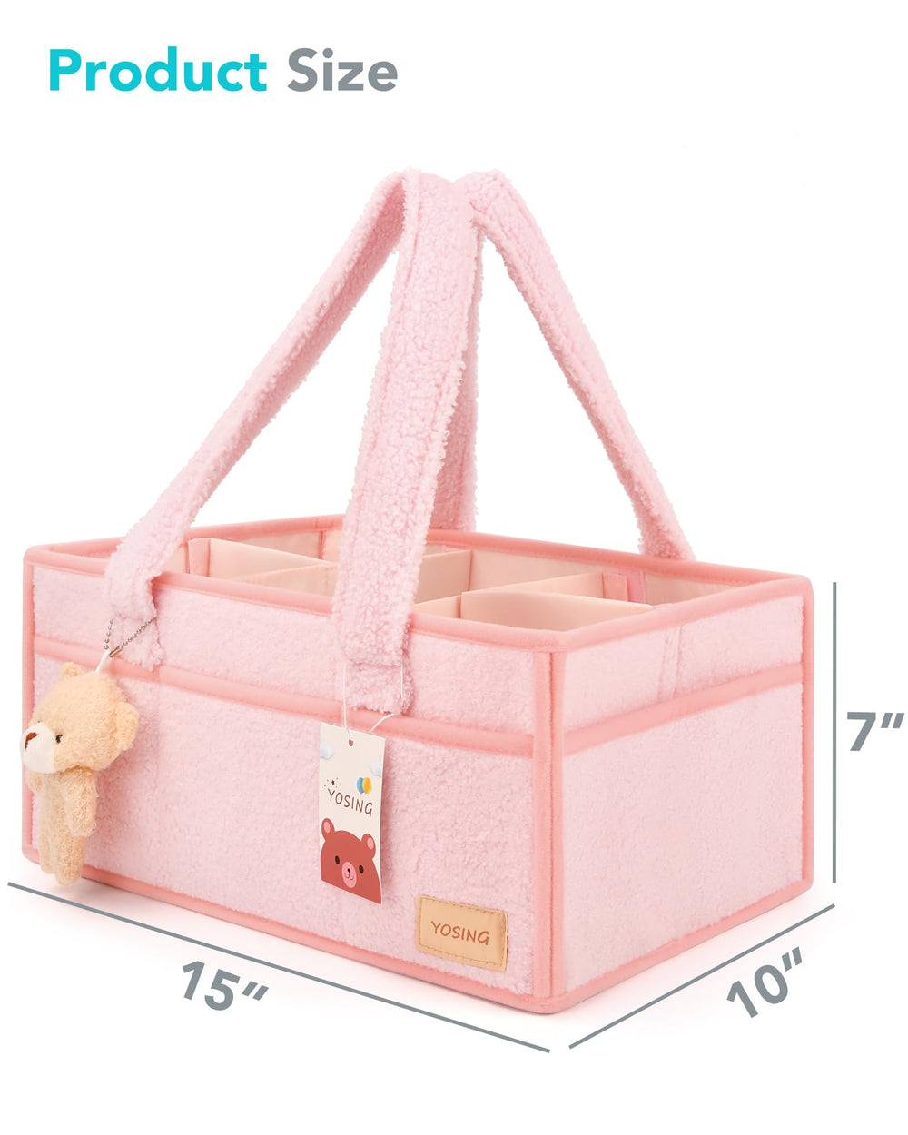 YOSING Diaper Caddy pink on changing table for quick access to essentials.