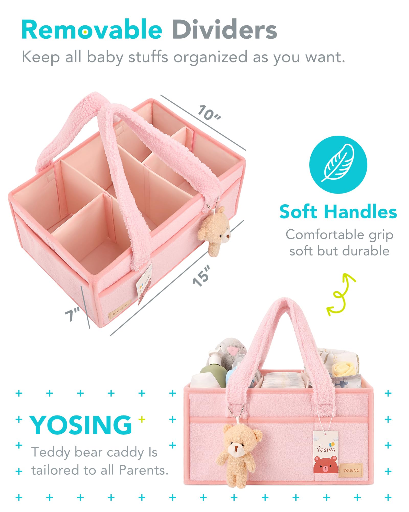 YOSING Diaper Caddy compact size 15x10x7 inches for portable use.